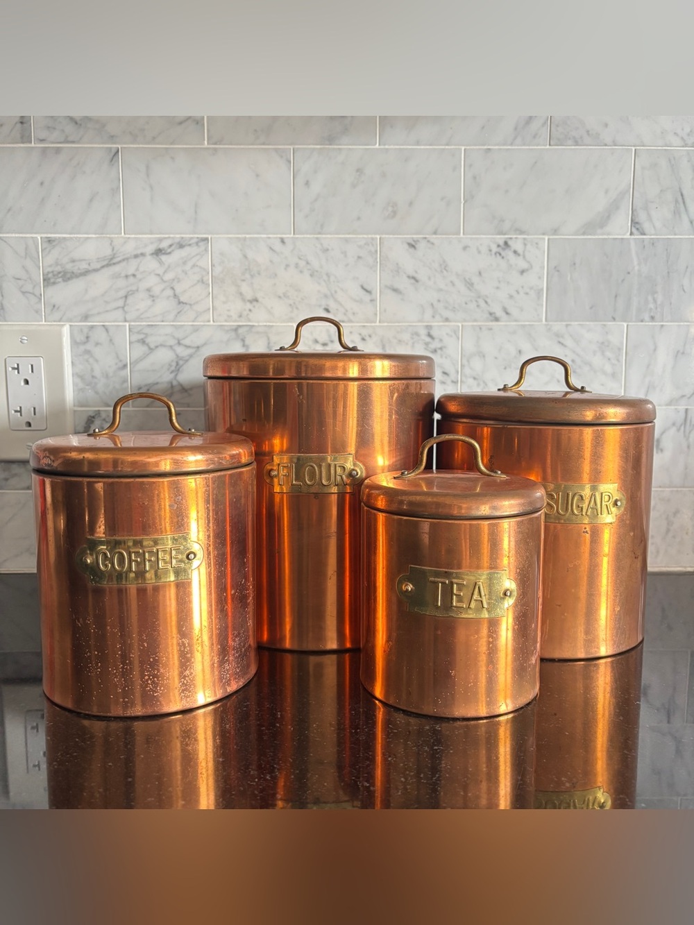 Vintage Copper & Brass Nesting Kitchen Canister Set, Flour, Sugar, Coffee, Tea